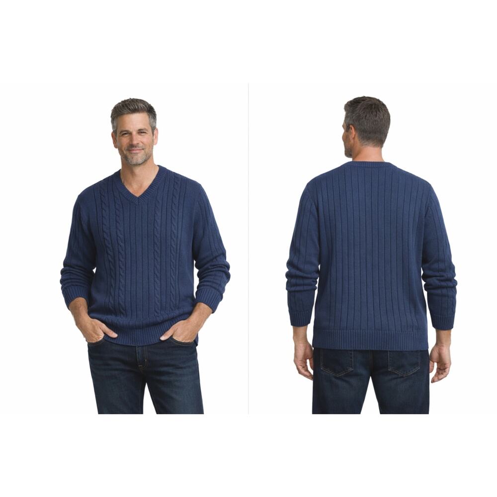 Saddlebred Sweater Mens XL Navy Ribbed Cable Knit Pullover Classic Fit Vneck EUC